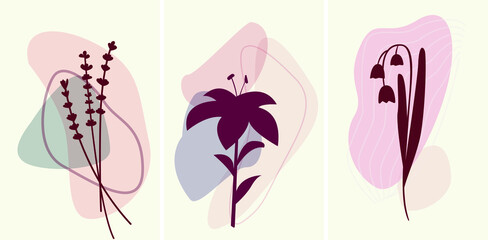 Abstract minimalism set of posters with plants. Vector lavender, lily, muguet. Pink and vinous color interior poster