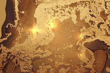 Fortuna gold and brown abstract marble texture with sparkles. Vector background in alcohol ink technique with glitter. Template for banner, poster design. Fluid art painting
