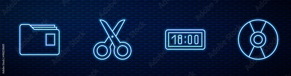 Poster set line digital alarm clock, document folder, scissors and cd dvd disk. glowing neon icon on brick 