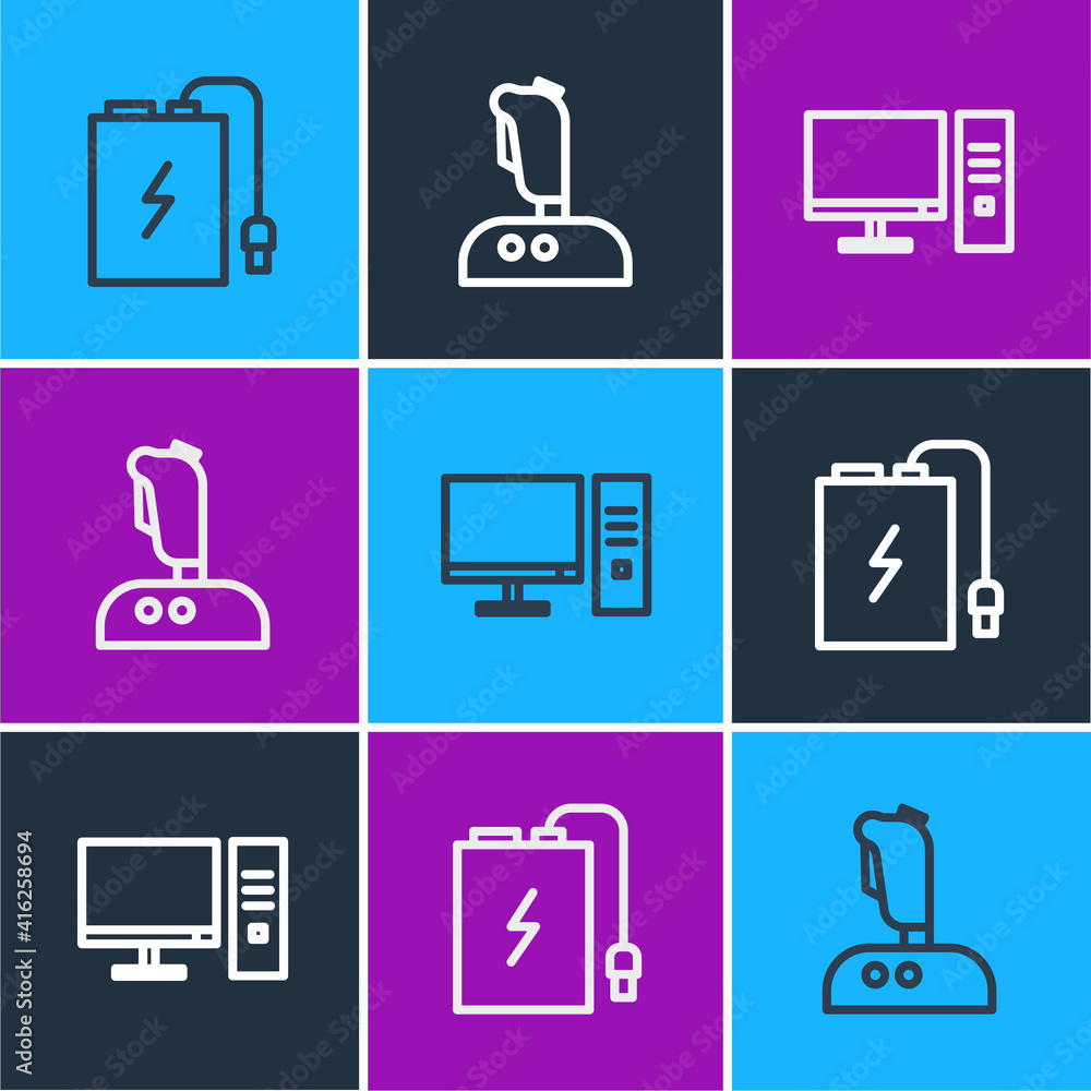 Poster set line power bank with charge cable, computer monitor and joystick for arcade machine icon. vector