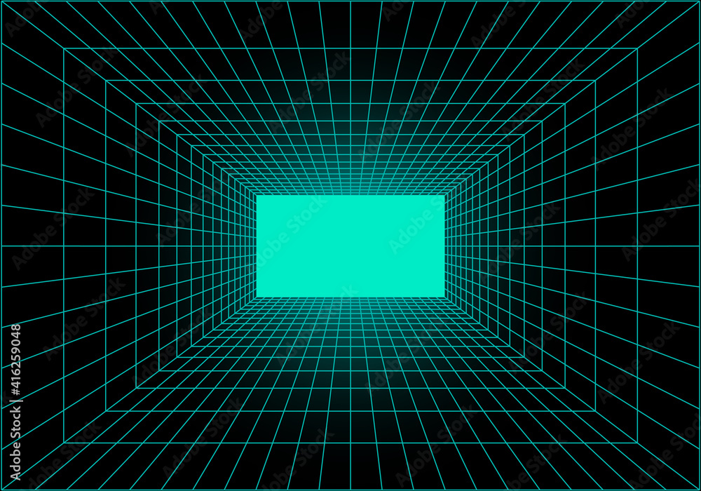 Poster virtual reality tunnel or wormhole. perspective grid of empty tunnel with light in the end. matrix d