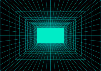 Virtual reality tunnel or wormhole. Perspective grid of empty tunnel with light in the end. Matrix data visualization. Vector