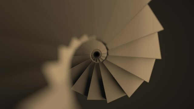 Spiral staircase made of concrete. Stair to the future. Endless stair. Concept of climbing to success and finding yourself. Warm background. View from above. Depth of field. 3d animation loop, 4K
