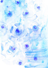 Hand drawn watercolor rose flowers in blue colors on grunge abstract background