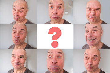 set of funny face of European adult man close up, actor's grimaces, wrinkles on aging skin, human...