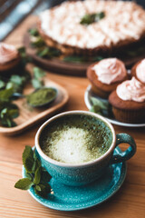 matcha tea with cakes