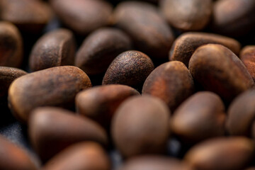 Close-up of unpeeled pine nuts, you can see the shell of a Siberian nut. 