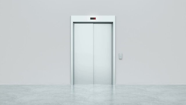 Modern elevator with open metal doors. The elevator goes down and the doors open. The numbers change on the display and the button goes out. Choice, business and success concept. 3d animation of 4K