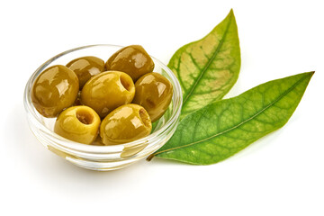 Green Olives, isolated on a white background. High resolution image