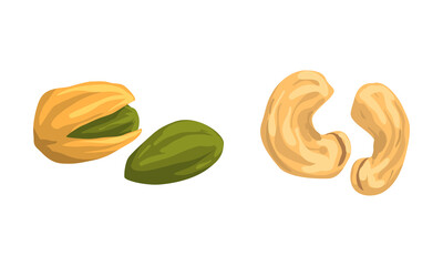 Nut Collection, Cashew and Pistachio Nuts, Nutritious Vegetarian Food Ingredients Cartoon Vector Illustration