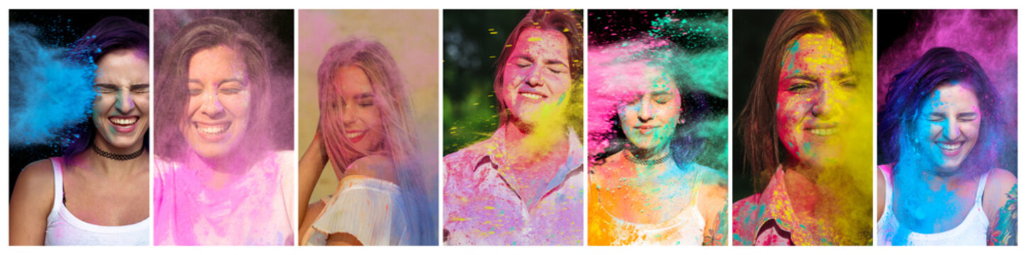 Set of photos with pretty women playing with gulal paint