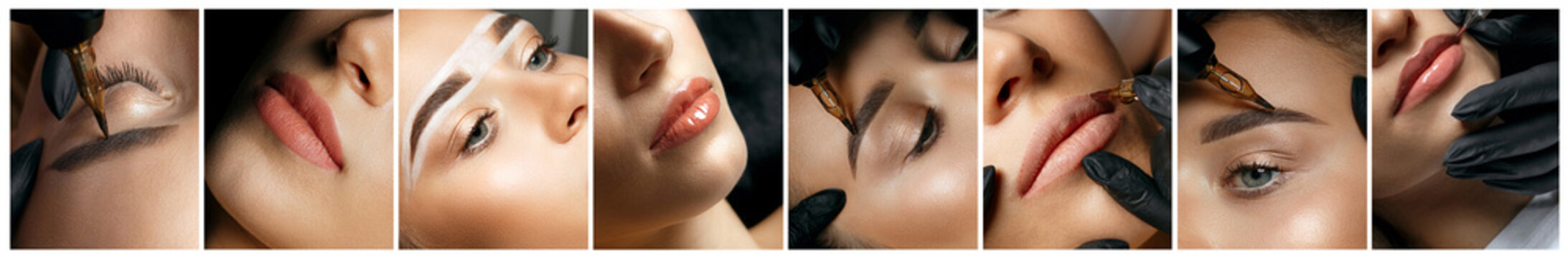 Set of permanent makeup photos: cosmetician applying permanent pigment
