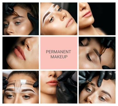 Set of permanent makeup photos: master applying permanent pigment