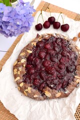 Homemade cherry pie almond chocolate galette. Cherry galette. Summer Dessert