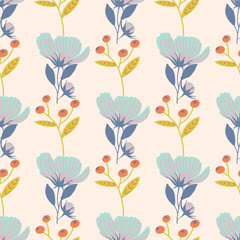 Vector wild flowers and berries seamless pattern background.