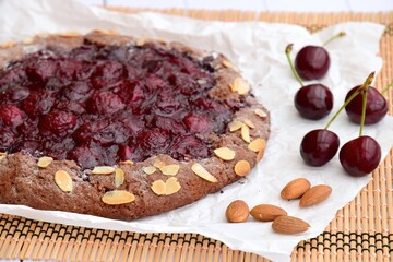 Homemade cherry pie almond chocolate galette. Cherry galette. Summer Dessert