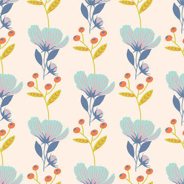 Vector Wild Flowers And Berries Seamless Pattern Background.