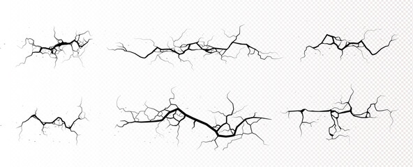 Ground cracks, horizontal breaks on land surface isolated on transparent background. Vector realistic set of fissure in ground, crevices from disaster or drought, black fractures top view