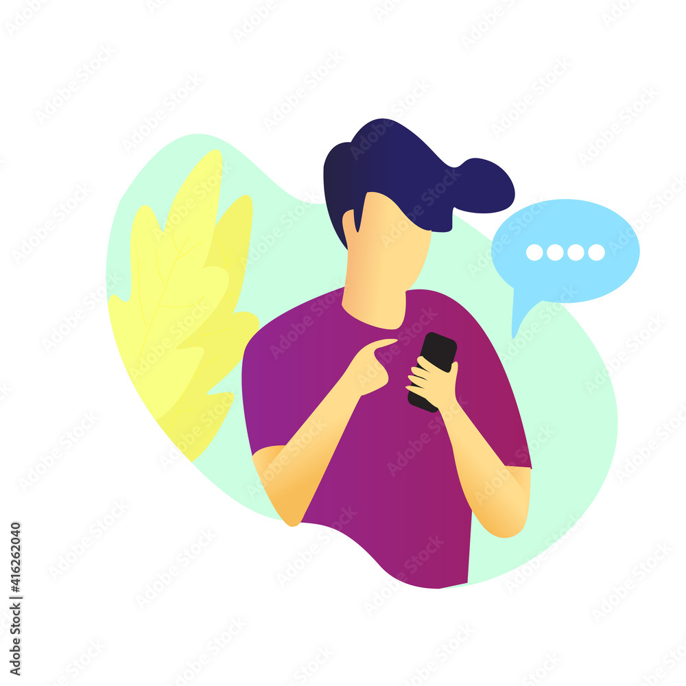 Poster Creative vector character design of a man holding a smartphone while chatting
