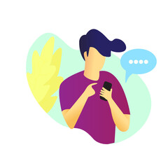 Creative vector character design of a man holding a smartphone while chatting