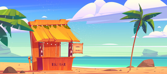 Tiki bar, wooden hut with tribal masks, drinks and snacks on summer beach. Vector cartoon tropical landscape with sea, palm trees and cafe with cocktails. Exotic vacation and travel concept - obrazy, fototapety, plakaty