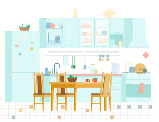 Cozy Kitchen Interior Flat Vector Illustration. Wooden Furniture, Table With Chairs, Stove, Utensils, Fridge, Shelfs, Sink, Plate Rack.