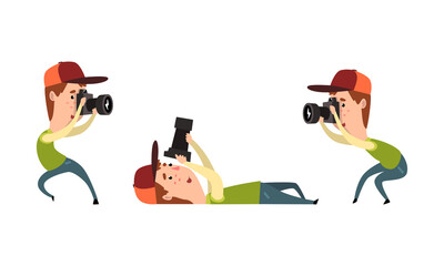 Man Paparazzi with Camera Set, Photographer with Camera in Various Poses Cartoon Vector Illustration