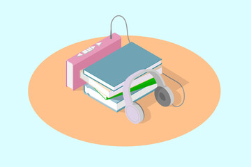 A group of books and headphones connected to a book, an isometric concept of audiobooks.