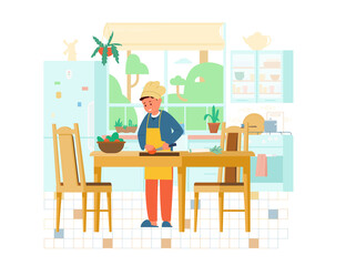 Boy In Chef Hat And Apton Making Salad In The Kitchen Flat Vector Illustration. Kitchen Interior With Wooden Furniture, Window, Fridge, Plants, Table With Chairs.