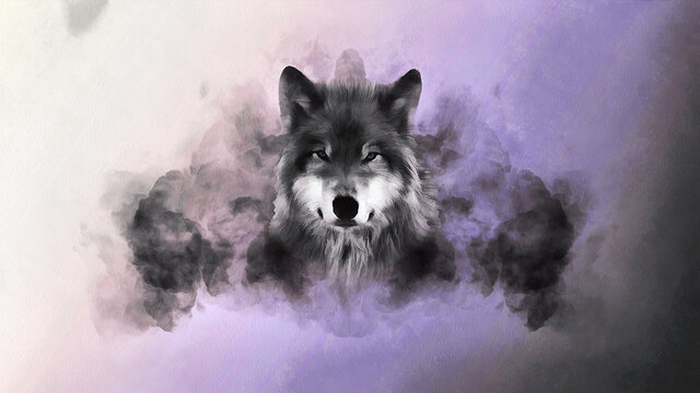 The head of a wolf against the background of a smoke cloud. Artistic work on the theme of animals