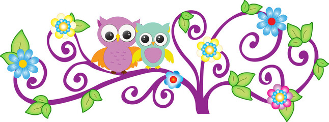 Fototapeta na wymiar Couple of owls on a tree with flowers 