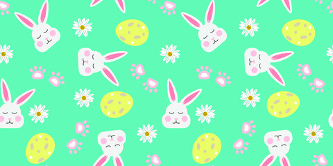 Cute seamless pattern with bunny faces and eggs. For paper, print, textile, wrapping paper, wallpaper, packaging. Vector pattern.