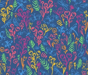 Floral seamless background pattern. Wild flowers and buterlies hand drawn, vector. Spring summer. Fabric swatch, textile design, wrapping