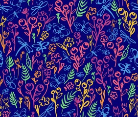 Floral seamless background pattern. Wild flowers and buterlies hand drawn, vector. Spring summer. Fabric swatch, textile design, wrapping