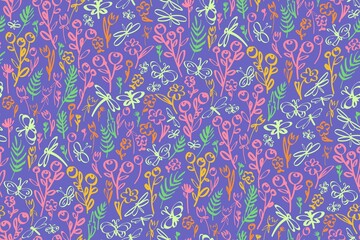 Floral seamless background pattern. Wild flowers and buterlies hand drawn, vector. Spring summer. Fabric swatch, textile design, wrapping