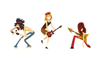 Rock MusiciansCharacters Set, Rock Singer and Guitarists with Musical Instruments Cartoon Vector Illustration
