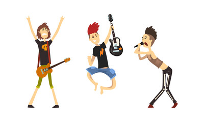 Rock Musicians Playing Guitar and Singing Set, Rock Stars Characters, Singer and Guitarists with Musical Instruments Cartoon Vector Illustration