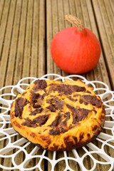 Homemade pumpkin chocolate swirl cheesecake