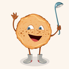 Pancake happy mascot in felt boots waving hand and smile with ladle illustration isolated vector art, maslenitsa, hi