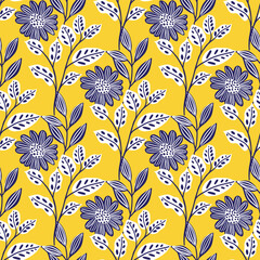 Vector wild flowers and herbs seamless pattern background.