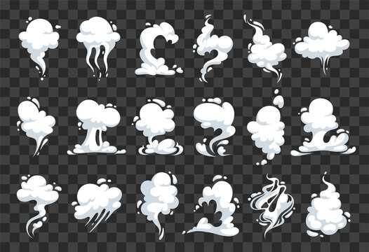 White clouds of steam, vapor and odors. Cartoon effects of smoke, explosion, air and dust. Hover silhouettes isolated