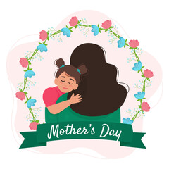 Mother and daughter hugging. Happy Mother’s Day greeting card or banner. Cute vector illustration in flat style