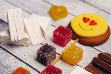 jujube colorful candy sweets meal snack wooden background