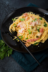 Spaghetti carbonara with bacon and parmesan on a plate