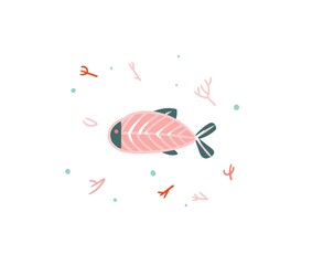 Hand drawn vector stock abstract flat cartoon graphic illustration with tropical summer ocean underwater funny fish isolated on white background