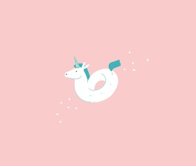 Hand drawn vector stock abstract flat cartoon graphic illustration with wizard simple style funny white unicorn swimming ring isolated on pink pastel background