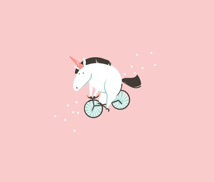 Hand drawn vector stock abstract flat cartoon graphic illustration with wizard simple style funny white unicorn isolated on pink pastel background