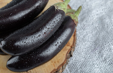 Close up photo of fresh organic purple eggplants
