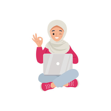 Hijab woman showing ok gesture with her hand while working on laptop. Assurance and success. Flat vector design