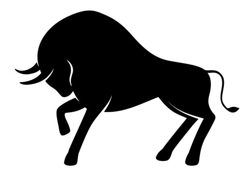 Stylish Bull logo design. Black Strong Wild Bull. Symbol of 2021 year. Stylized silhouette of standing and butting up ox. Black bull isolated on white background. Vector illustration.